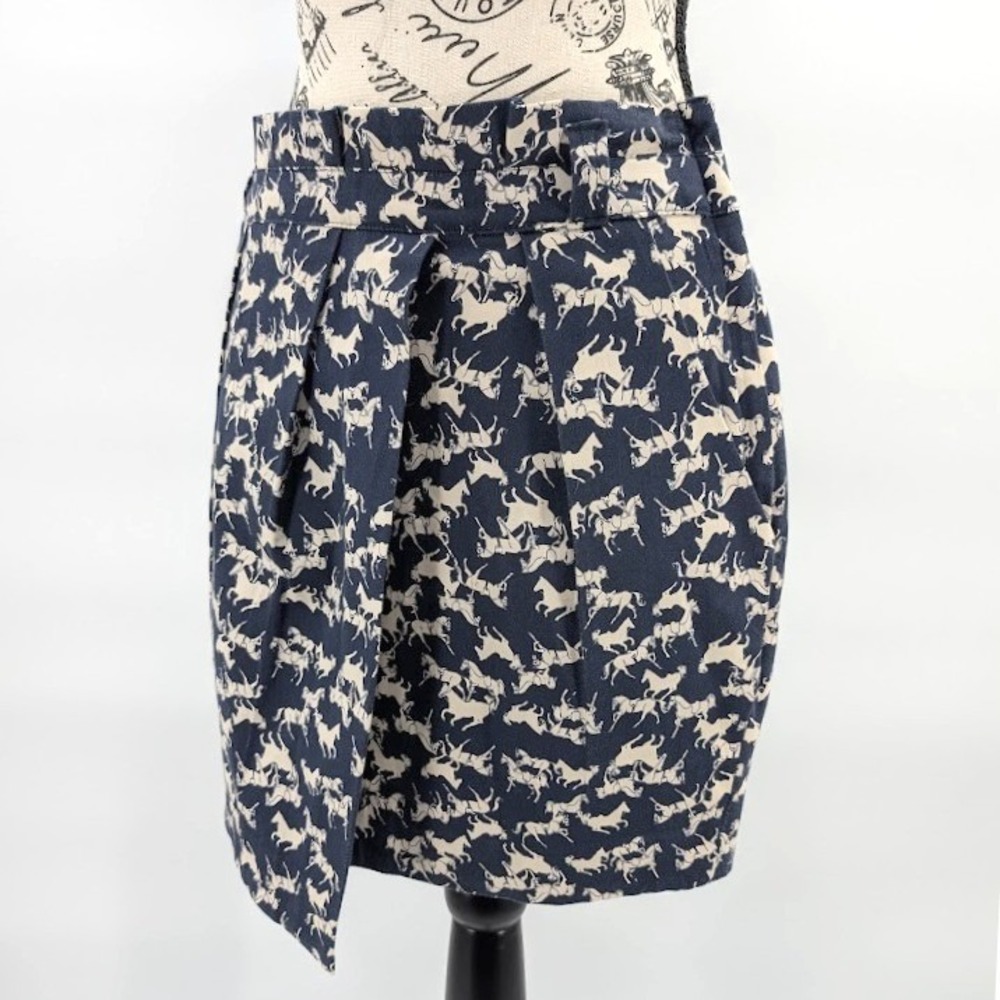 Mini Skirt Equestrian Faux-Wrap Womens 6 Blue Novelty Print White Horse